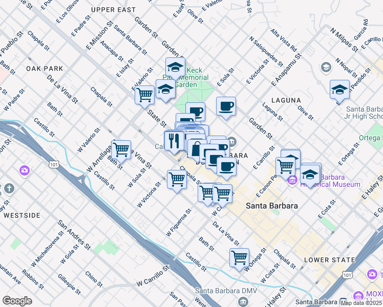 map of restaurants, bars, coffee shops, grocery stores, and more near 21 West Victoria Street in Santa Barbara