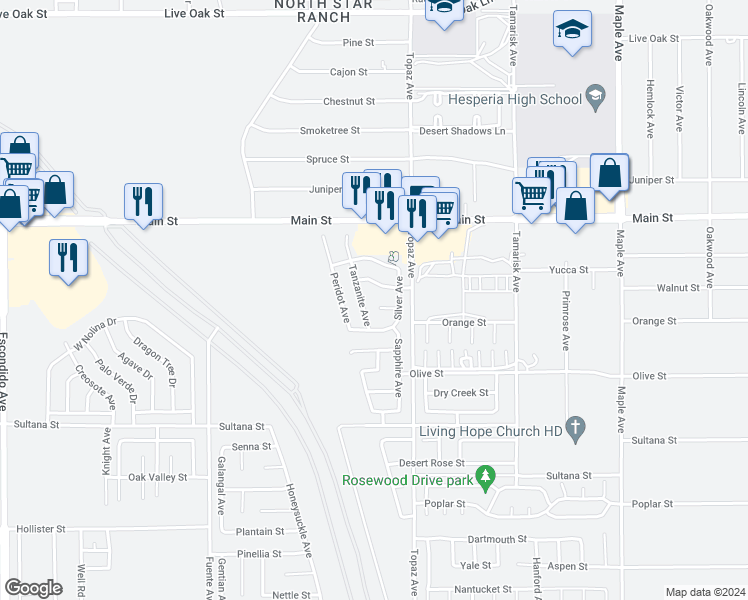 map of restaurants, bars, coffee shops, grocery stores, and more near 14050 Gold Street in Hesperia
