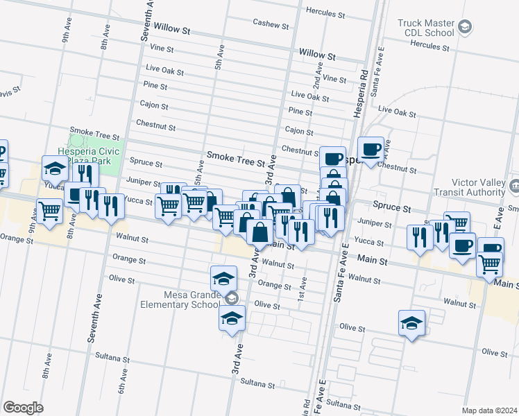 map of restaurants, bars, coffee shops, grocery stores, and more near 9524 3rd Avenue in Hesperia