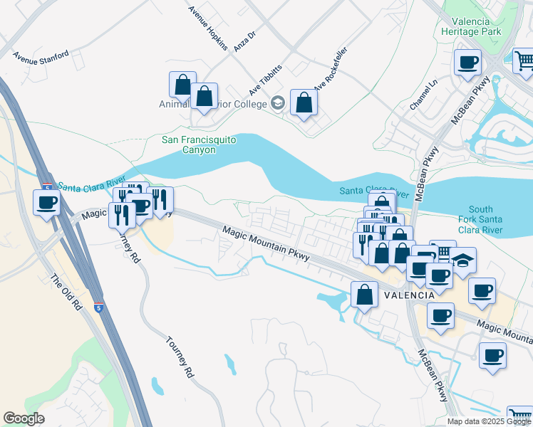 map of restaurants, bars, coffee shops, grocery stores, and more near 25007 Magic Mountain Parkway in Santa Clarita
