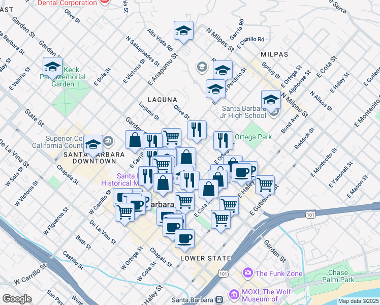 map of restaurants, bars, coffee shops, grocery stores, and more near 323a East De La Guerra Street in Santa Barbara