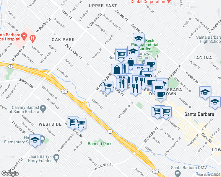 map of restaurants, bars, coffee shops, grocery stores, and more near 1429 De La Vina Street in Santa Barbara
