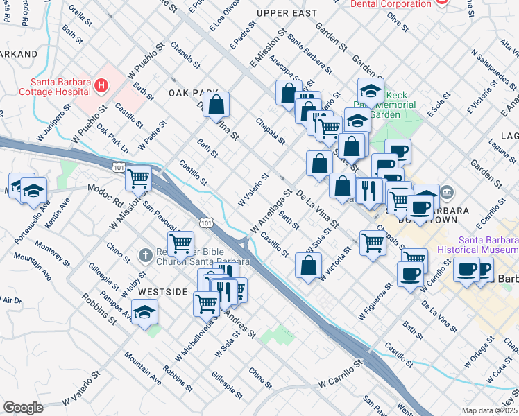 map of restaurants, bars, coffee shops, grocery stores, and more near in Santa Barbara