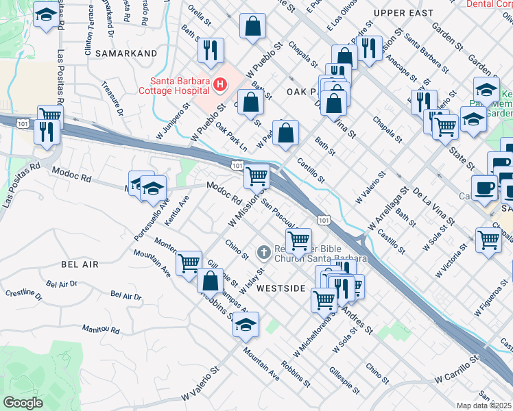 map of restaurants, bars, coffee shops, grocery stores, and more near 1913 San Pascual Street in Santa Barbara