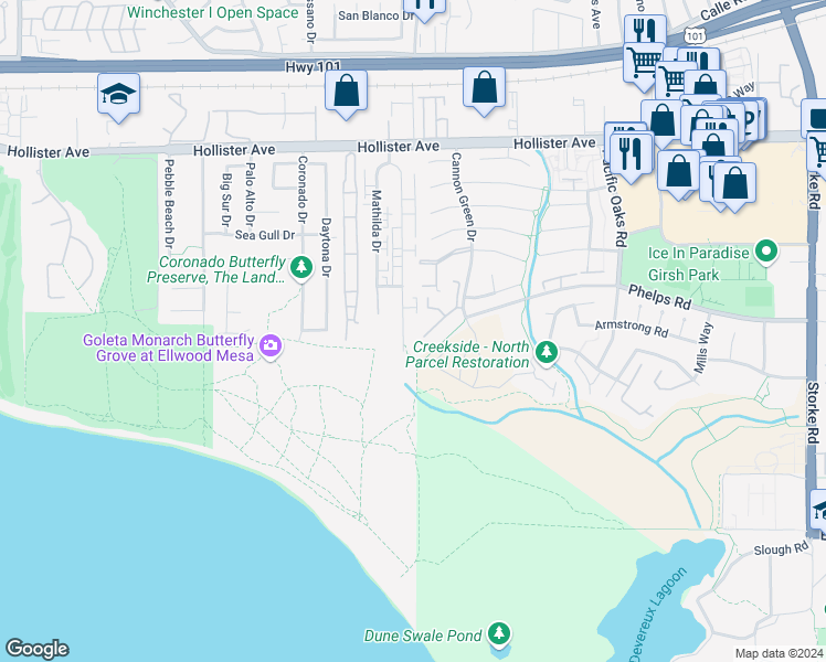 map of restaurants, bars, coffee shops, grocery stores, and more near 475 Cannon Green Drive in Goleta