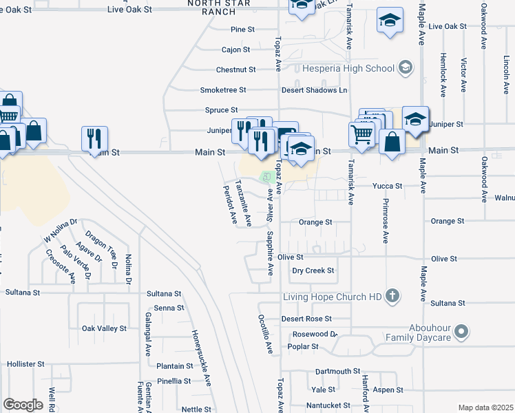 map of restaurants, bars, coffee shops, grocery stores, and more near 14064 Gold Street in Hesperia