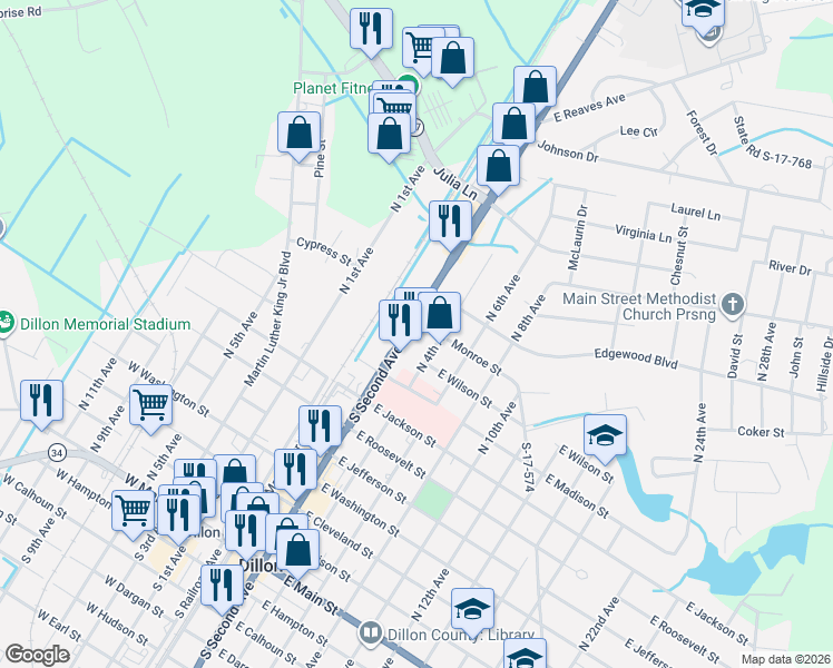 map of restaurants, bars, coffee shops, grocery stores, and more near 908 North Second Avenue in Latta