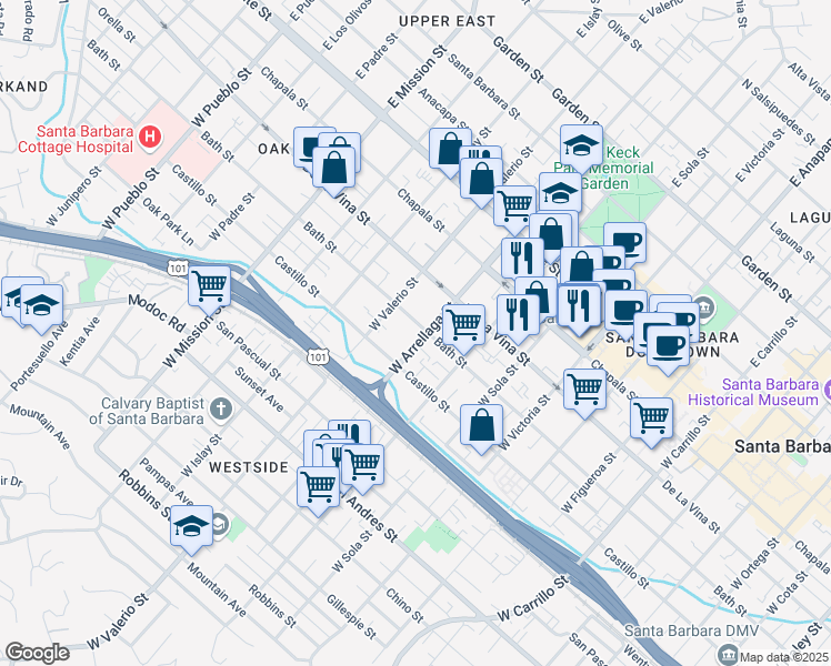 map of restaurants, bars, coffee shops, grocery stores, and more near 1605 Bath Street in Santa Barbara