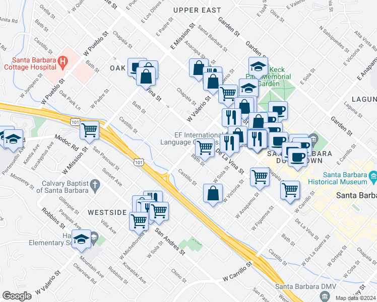 map of restaurants, bars, coffee shops, grocery stores, and more near W Arrellaga St & Bath St in Santa Barbara
