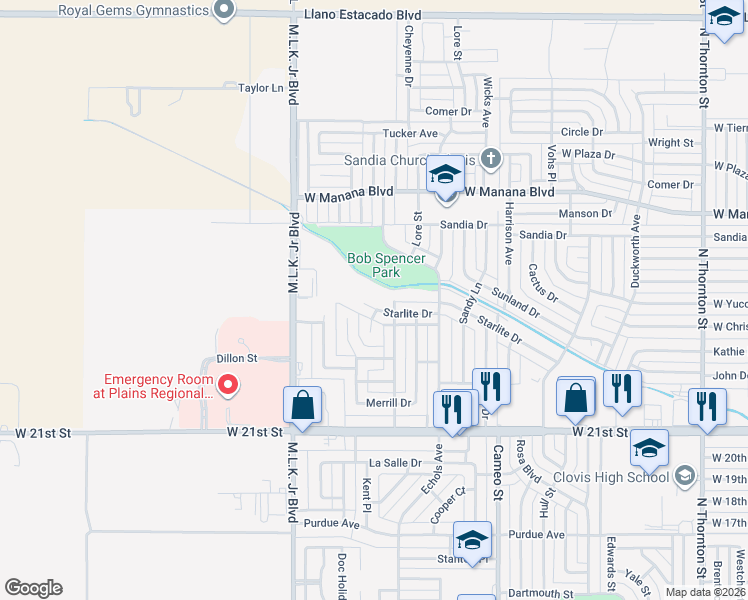 map of restaurants, bars, coffee shops, grocery stores, and more near 712 Starlite Drive in Clovis