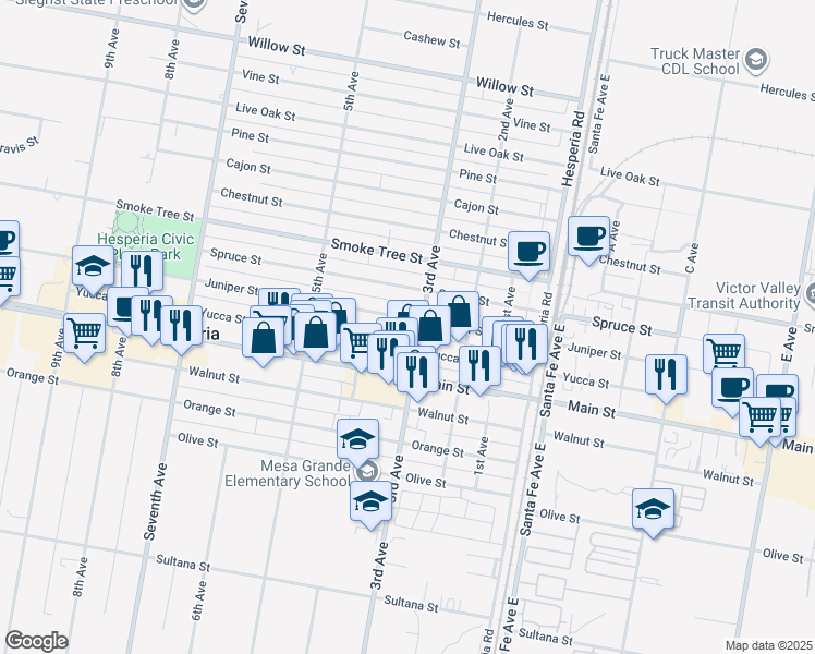 map of restaurants, bars, coffee shops, grocery stores, and more near 16315 Juniper Street in Hesperia