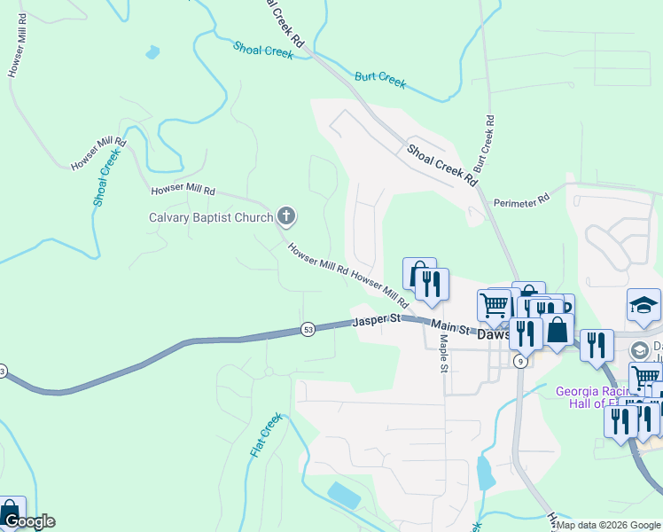 map of restaurants, bars, coffee shops, grocery stores, and more near 496 Howser Mill Road in Dawsonville