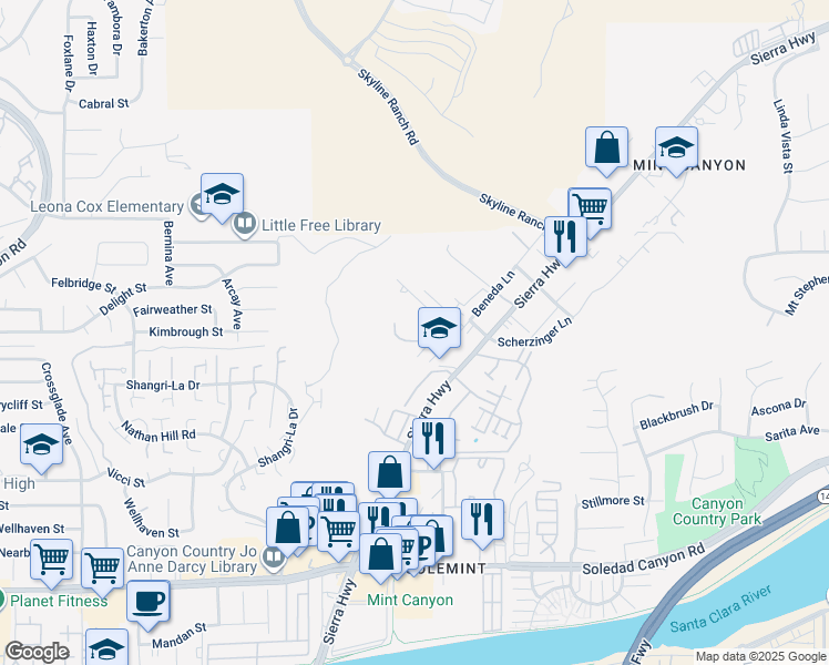 map of restaurants, bars, coffee shops, grocery stores, and more near 18071 Beneda Lane in Santa Clarita