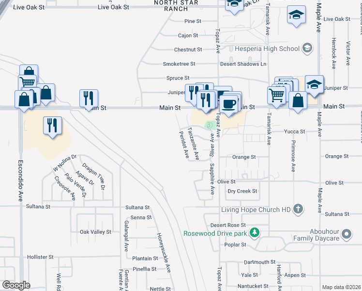 map of restaurants, bars, coffee shops, grocery stores, and more near 9546 Peridot Avenue in Hesperia