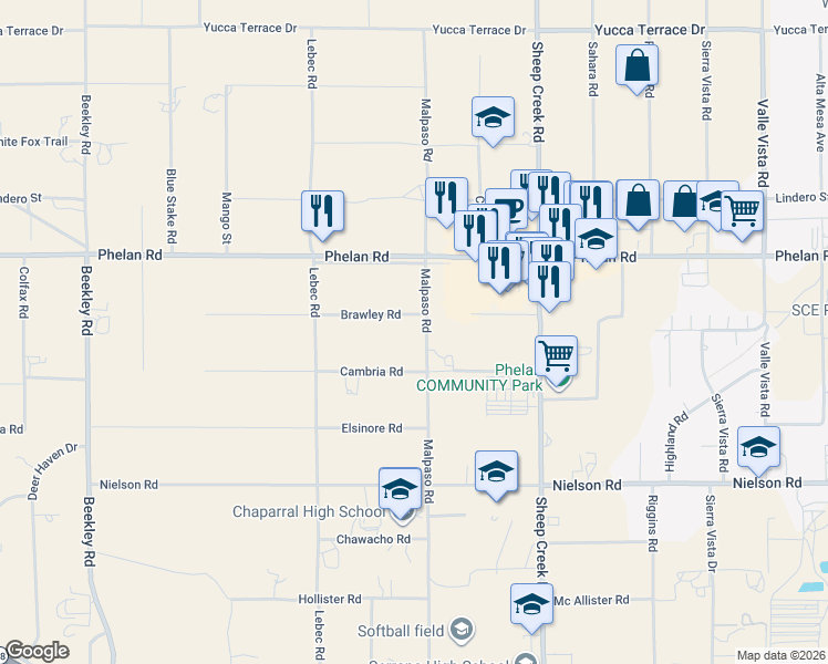 map of restaurants, bars, coffee shops, grocery stores, and more near 9638 Malpaso Road in Phelan