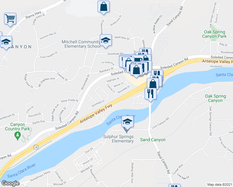map of restaurants, bars, coffee shops, grocery stores, and more near 28309 Connie Court in Santa Clarita