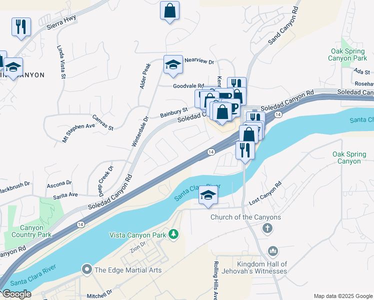 map of restaurants, bars, coffee shops, grocery stores, and more near 28311 Connie Court in Santa Clarita