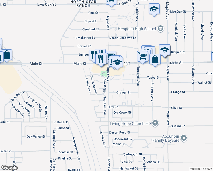 map of restaurants, bars, coffee shops, grocery stores, and more near 9547 Silver Avenue in Hesperia