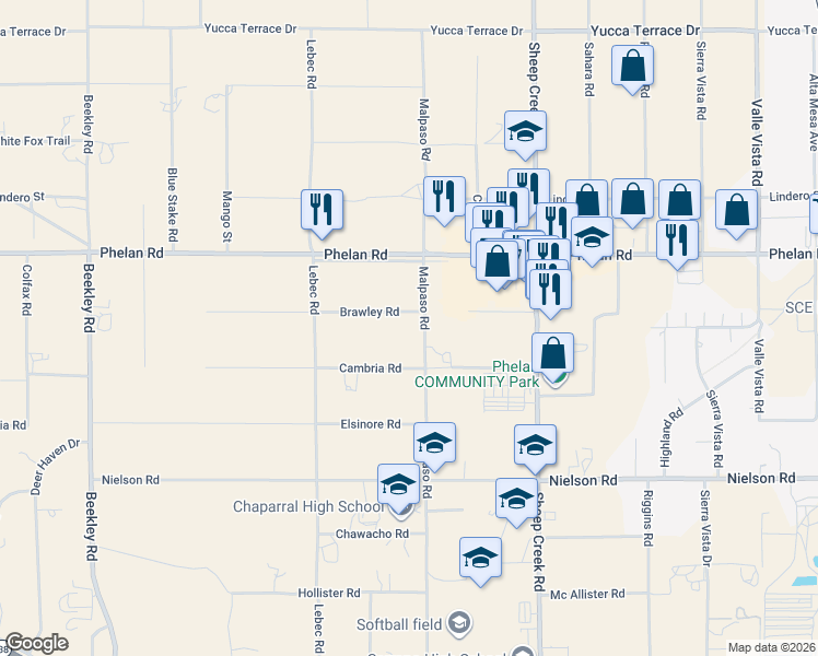 map of restaurants, bars, coffee shops, grocery stores, and more near 9638 Malpaso Road in Phelan