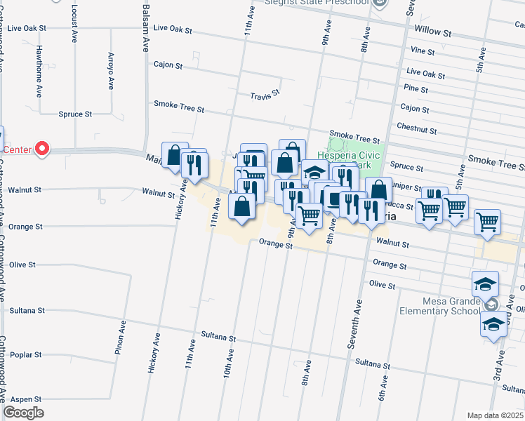 map of restaurants, bars, coffee shops, grocery stores, and more near 15601 Main Street in Hesperia