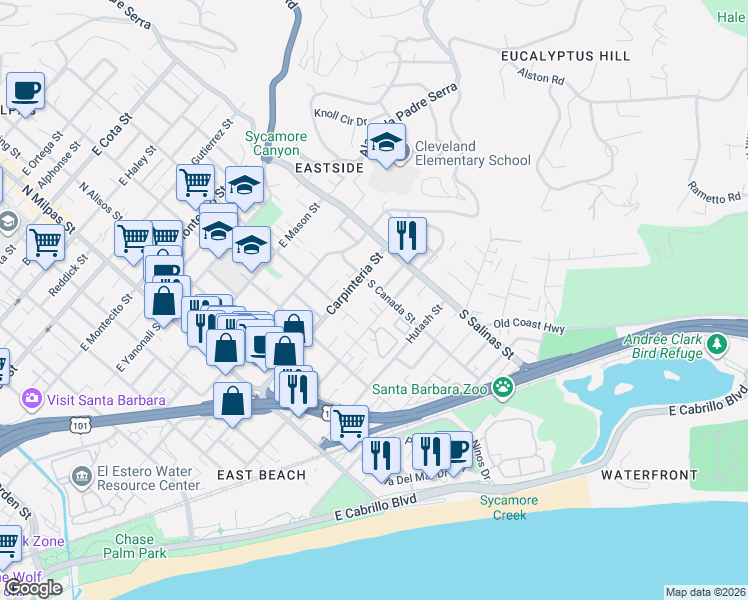 map of restaurants, bars, coffee shops, grocery stores, and more near 1215 Cacique Street in Santa Barbara