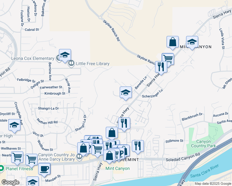 map of restaurants, bars, coffee shops, grocery stores, and more near 18071 Beneda Lane in Santa Clarita