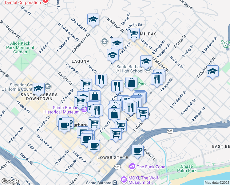 map of restaurants, bars, coffee shops, grocery stores, and more near 705 Olive Street in Santa Barbara