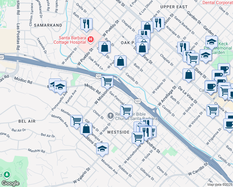 map of restaurants, bars, coffee shops, grocery stores, and more near 1822 San Pascual Street in Santa Barbara