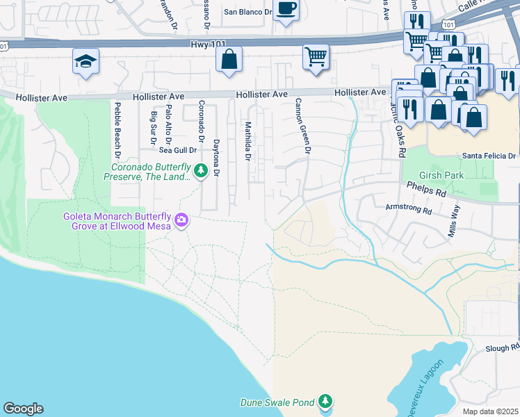 map of restaurants, bars, coffee shops, grocery stores, and more near 447 Ellwood Beach Drive in Goleta