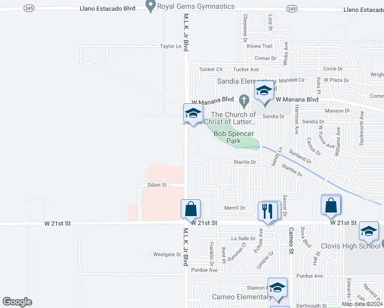 map of restaurants, bars, coffee shops, grocery stores, and more near 2525 Martin Luther King Junior Boulevard in Clovis