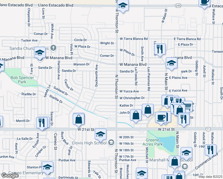 map of restaurants, bars, coffee shops, grocery stores, and more near 813 West Yucca Avenue in Clovis