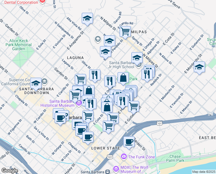map of restaurants, bars, coffee shops, grocery stores, and more near 705 Olive Street in Santa Barbara