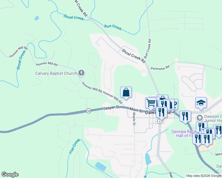 map of restaurants, bars, coffee shops, grocery stores, and more near 80 Mill Stone Drive in Dawsonville