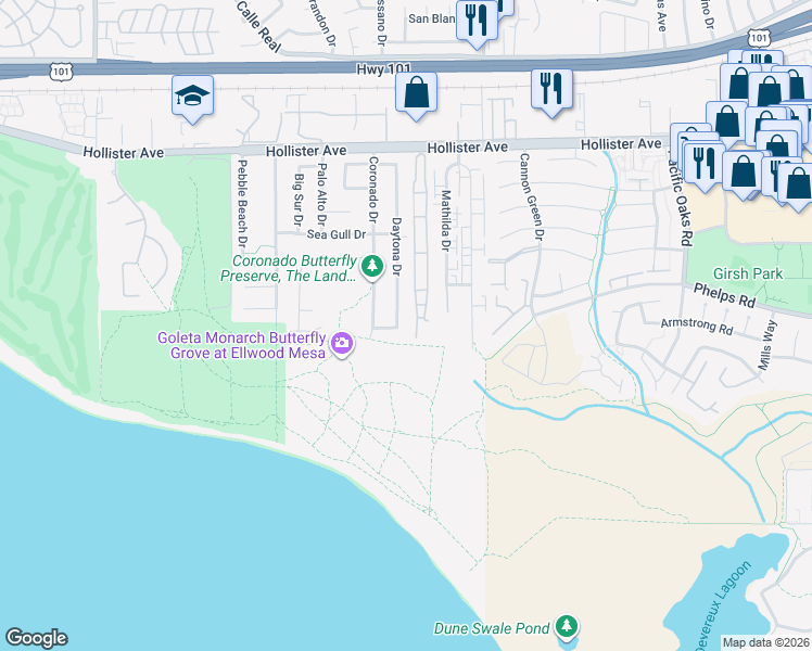 map of restaurants, bars, coffee shops, grocery stores, and more near 7465 Hollister Avenue in Goleta