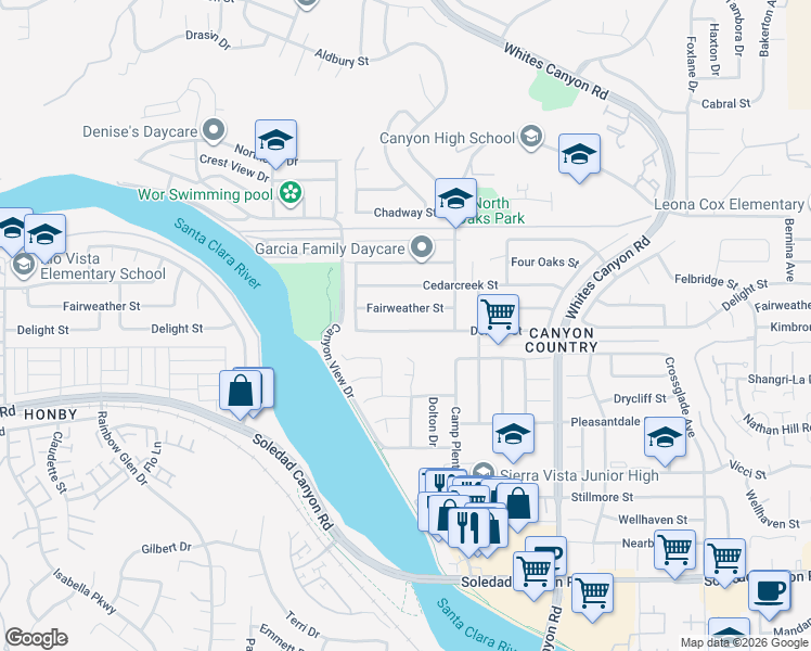 map of restaurants, bars, coffee shops, grocery stores, and more near 19555 Delight Street in Santa Clarita