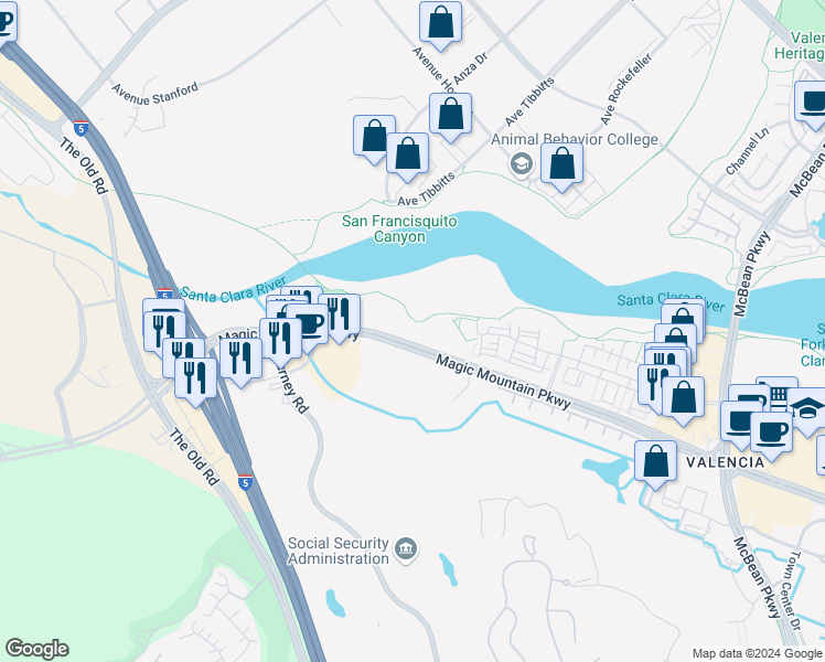map of restaurants, bars, coffee shops, grocery stores, and more near 25039 Magic Mountain Parkway in Santa Clarita