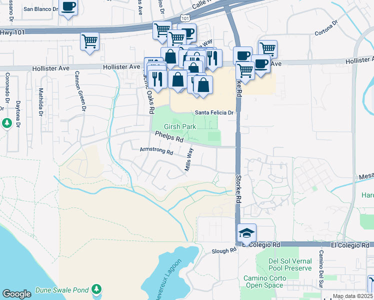 map of restaurants, bars, coffee shops, grocery stores, and more near 435 Mills Way in Goleta