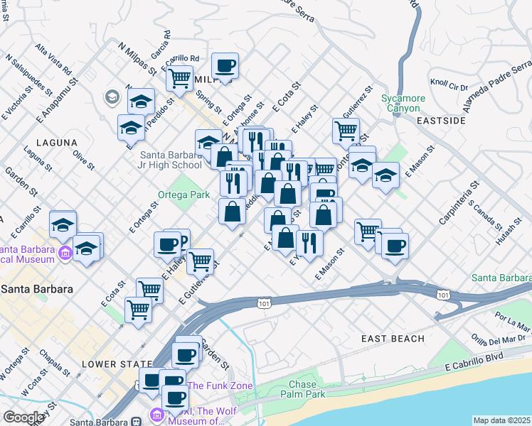 map of restaurants, bars, coffee shops, grocery stores, and more near 316 Edison Avenue in Santa Barbara