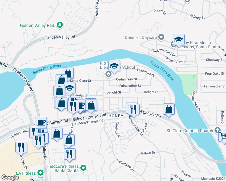 map of restaurants, bars, coffee shops, grocery stores, and more near 20427 Delight Street in Santa Clarita