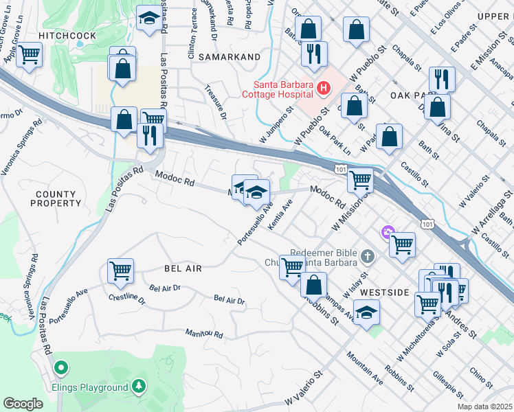 map of restaurants, bars, coffee shops, grocery stores, and more near 850 Portesuello Avenue in Santa Barbara