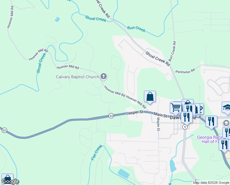 map of restaurants, bars, coffee shops, grocery stores, and more near 379 Howser Mill Rd in Dawsonville