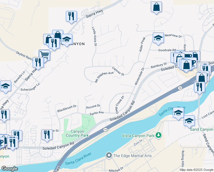 map of restaurants, bars, coffee shops, grocery stores, and more near Ridge View Drive in Santa Clarita
