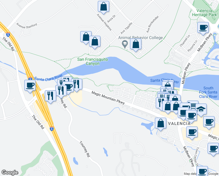 map of restaurants, bars, coffee shops, grocery stores, and more near 25039 Magic Mountain Parkway in Santa Clarita