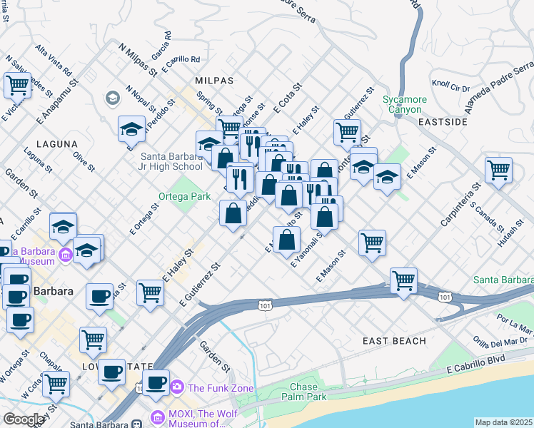 map of restaurants, bars, coffee shops, grocery stores, and more near 316 Edison Avenue in Santa Barbara