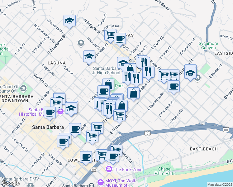 map of restaurants, bars, coffee shops, grocery stores, and more near 510 North Salsipuedes Street in Santa Barbara