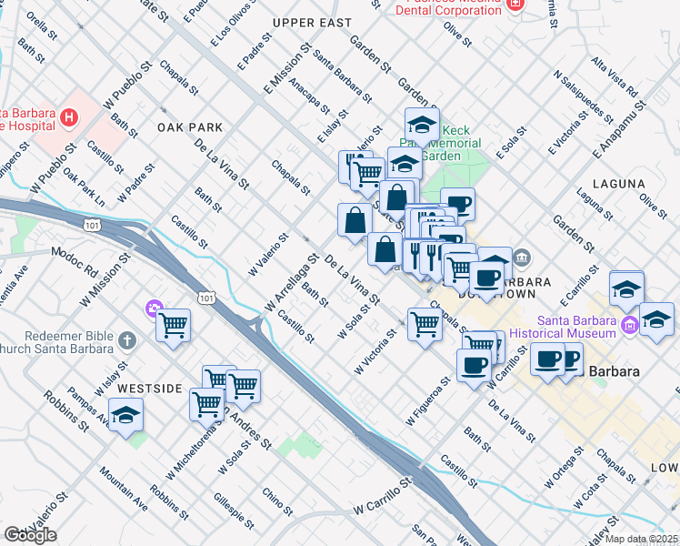 map of restaurants, bars, coffee shops, grocery stores, and more near 1429 De La Vina Street in Santa Barbara