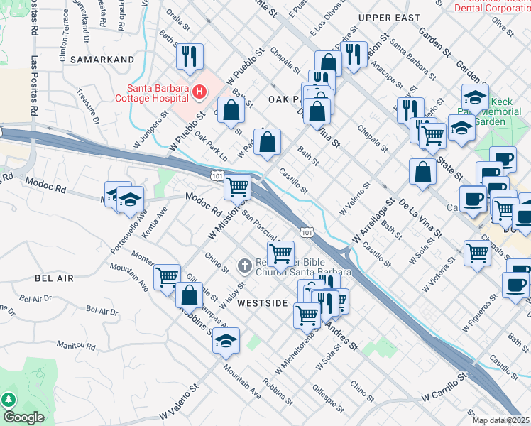 map of restaurants, bars, coffee shops, grocery stores, and more near 1822 San Pascual Street in Santa Barbara