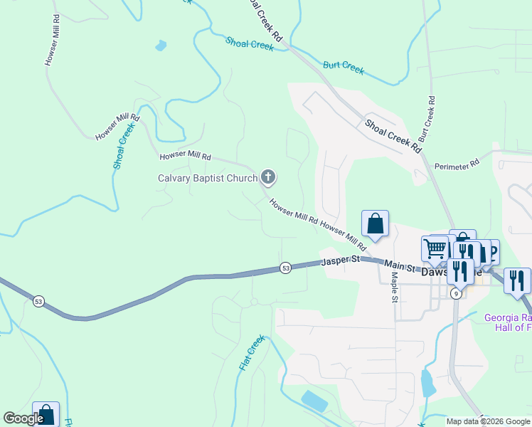 map of restaurants, bars, coffee shops, grocery stores, and more near 496 Howser Mill Road in Dawsonville