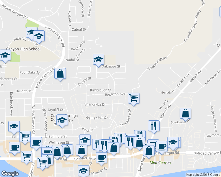map of restaurants, bars, coffee shops, grocery stores, and more near 18603 Fairweather Street in Santa Clarita