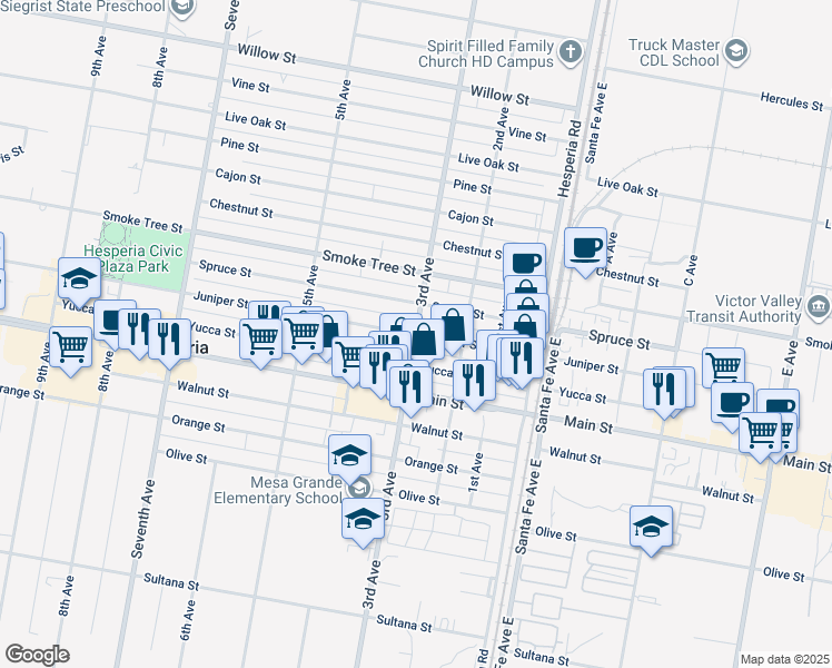 map of restaurants, bars, coffee shops, grocery stores, and more near Juniper Street in Hesperia